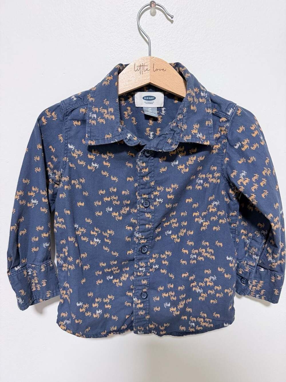 Old Navy Long Sleeve Button Down Shirt Size 2T Blue Moose Print